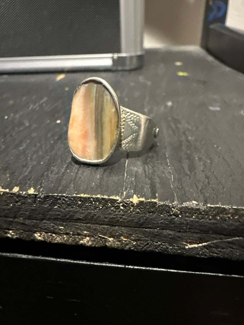 Vintage Tribal Style Adjustable Silver Ring with Banded Agate Stone